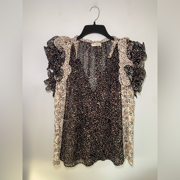 Ulla Johnson Silk Sheer Ruffle Sleeve Black and White Blouse Size 6 - Picture 2 of 10